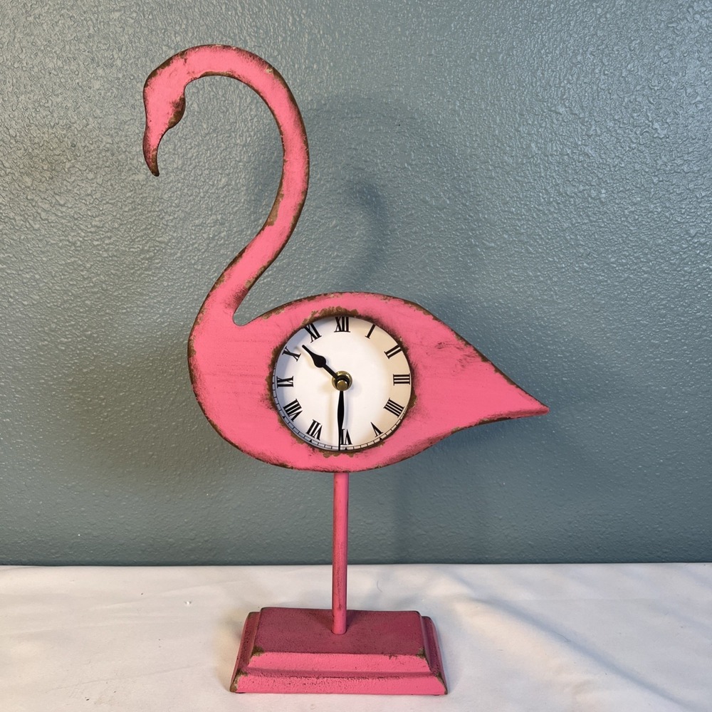 Weathered Metal Flamingo Clock Cast‎ Iron Base Stands 16" Tall WORKS GREAT!!